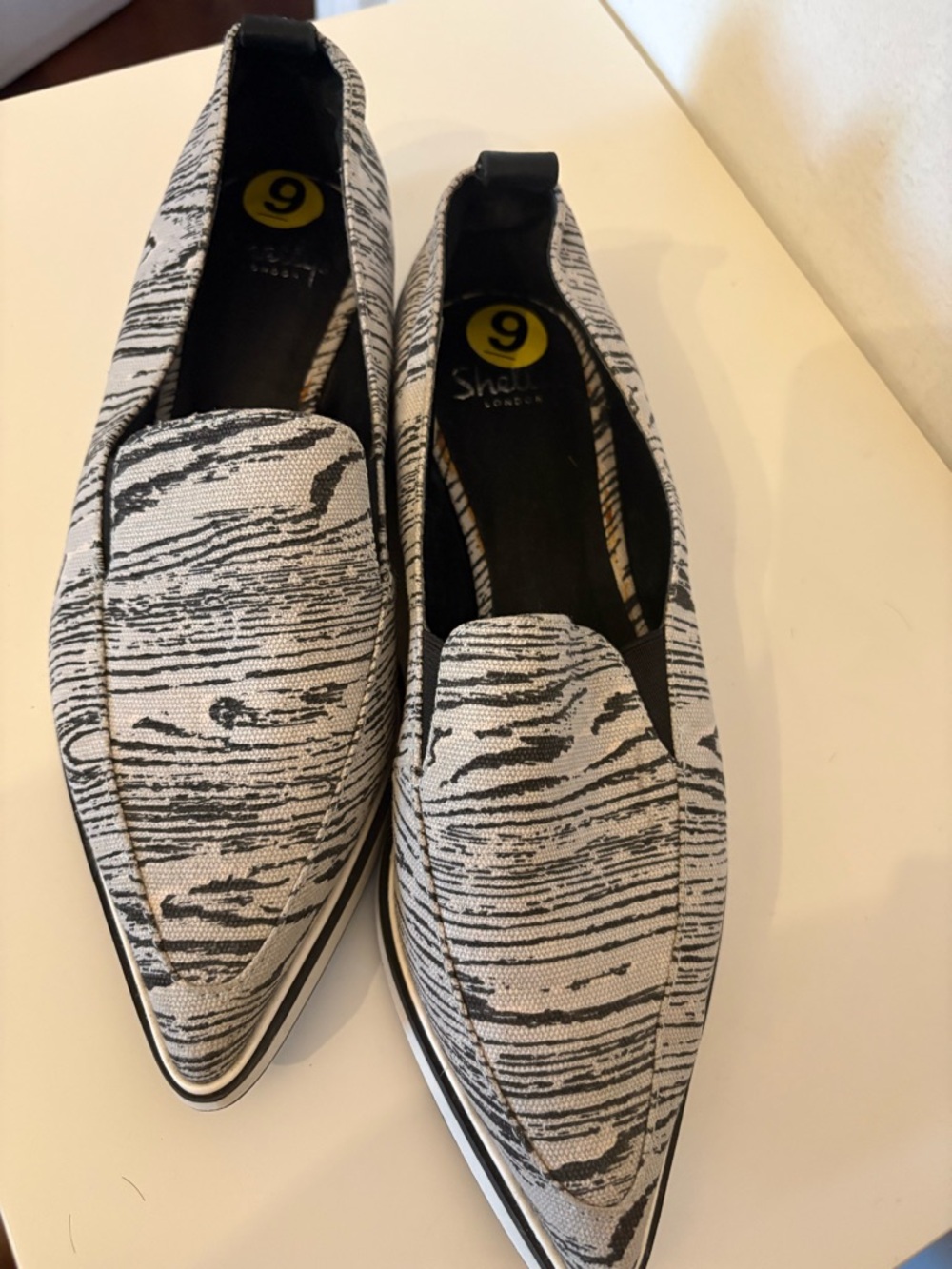 Shellys London Black and White Patterned Pointed Slip-On Loafers